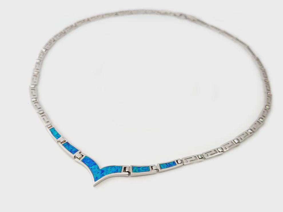 Blue Opal V-Shape Necklace, Greek Key Meander Design