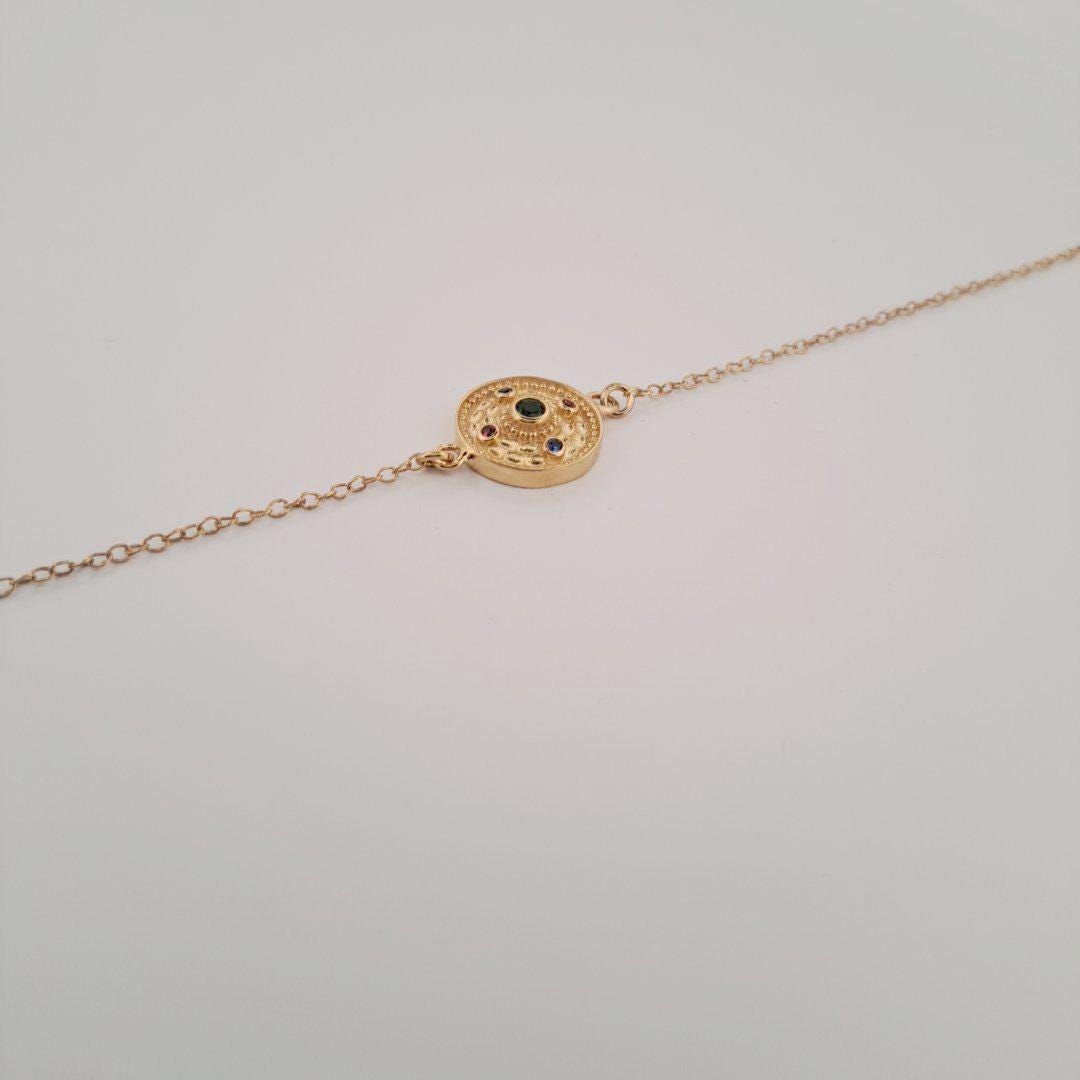 Gold Plated Bracelet – Byzantine Multicolor Gemstone Medallion With Adjustable Chain