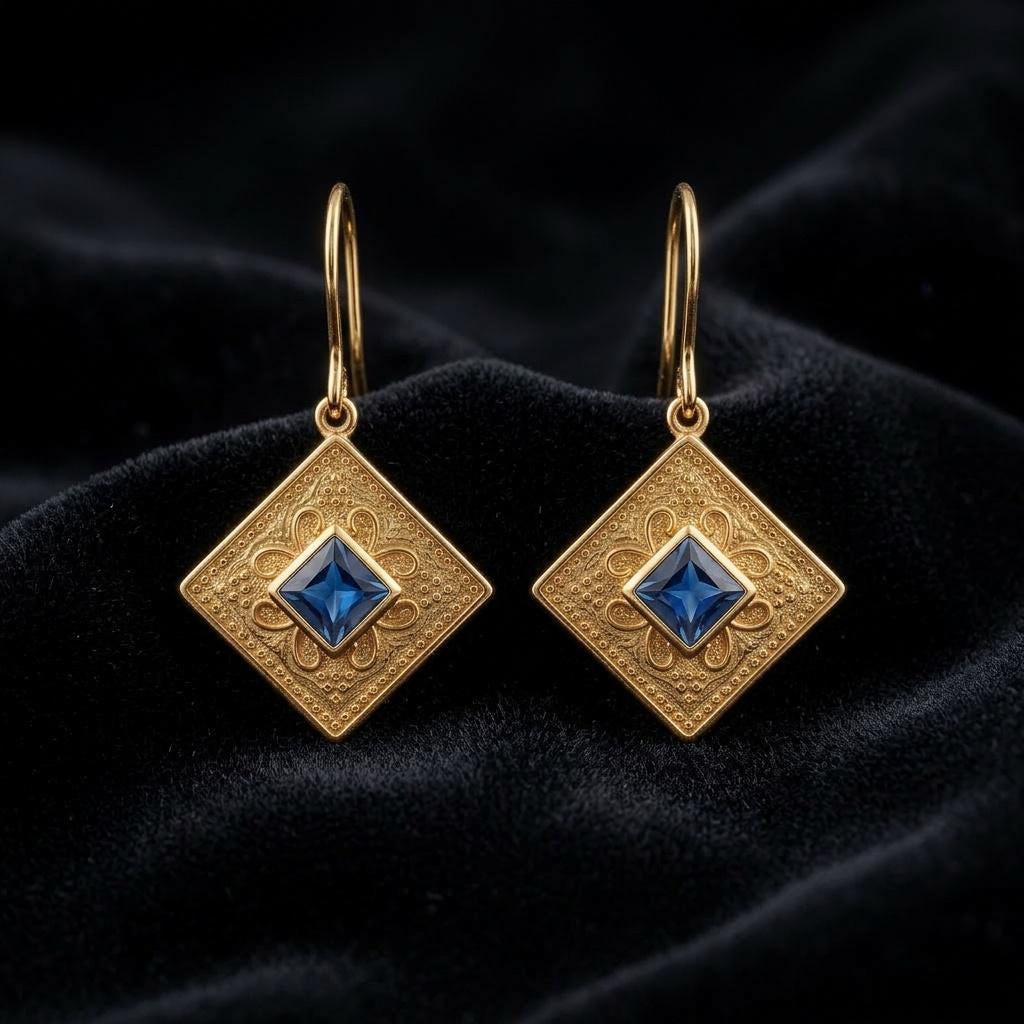 Gold Plated Earrings – Byzantine Style Textured Drop with Square Cut Gemstone