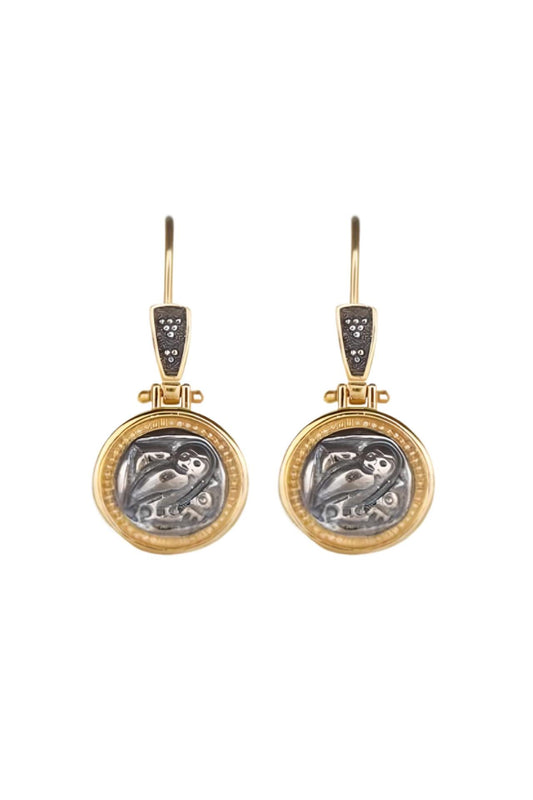 Athena's Owl Dangle Earrings: Silver & Gold-Plated Wisdom