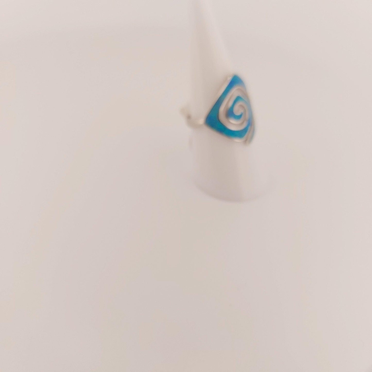 Blue Opal Rhombus Ring, Greek Key Meander Design, Sterling Silver