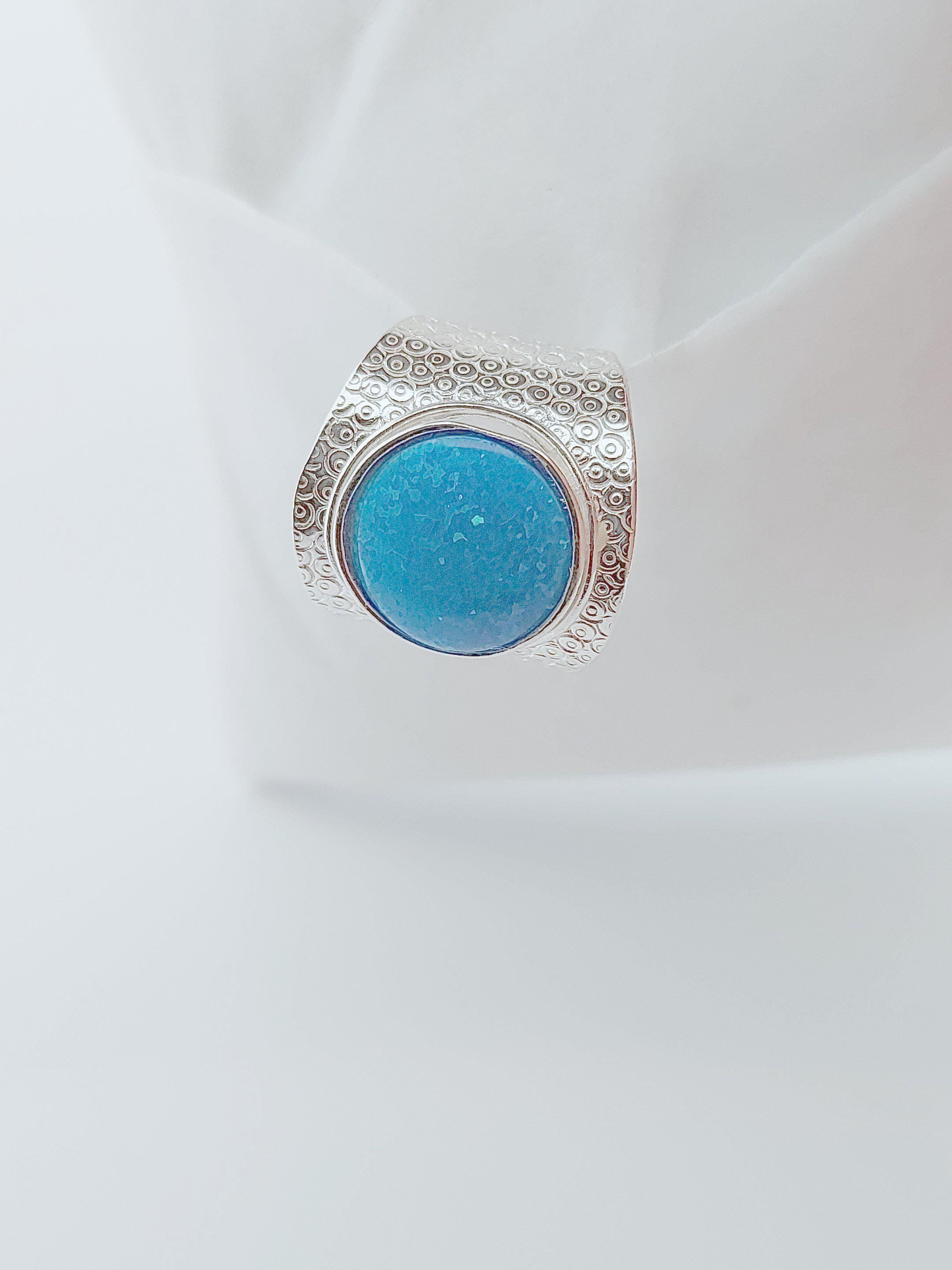 Handcrafted Silver Statement Ring with Blue Opal Stone, Greek-Inspired Textured Design