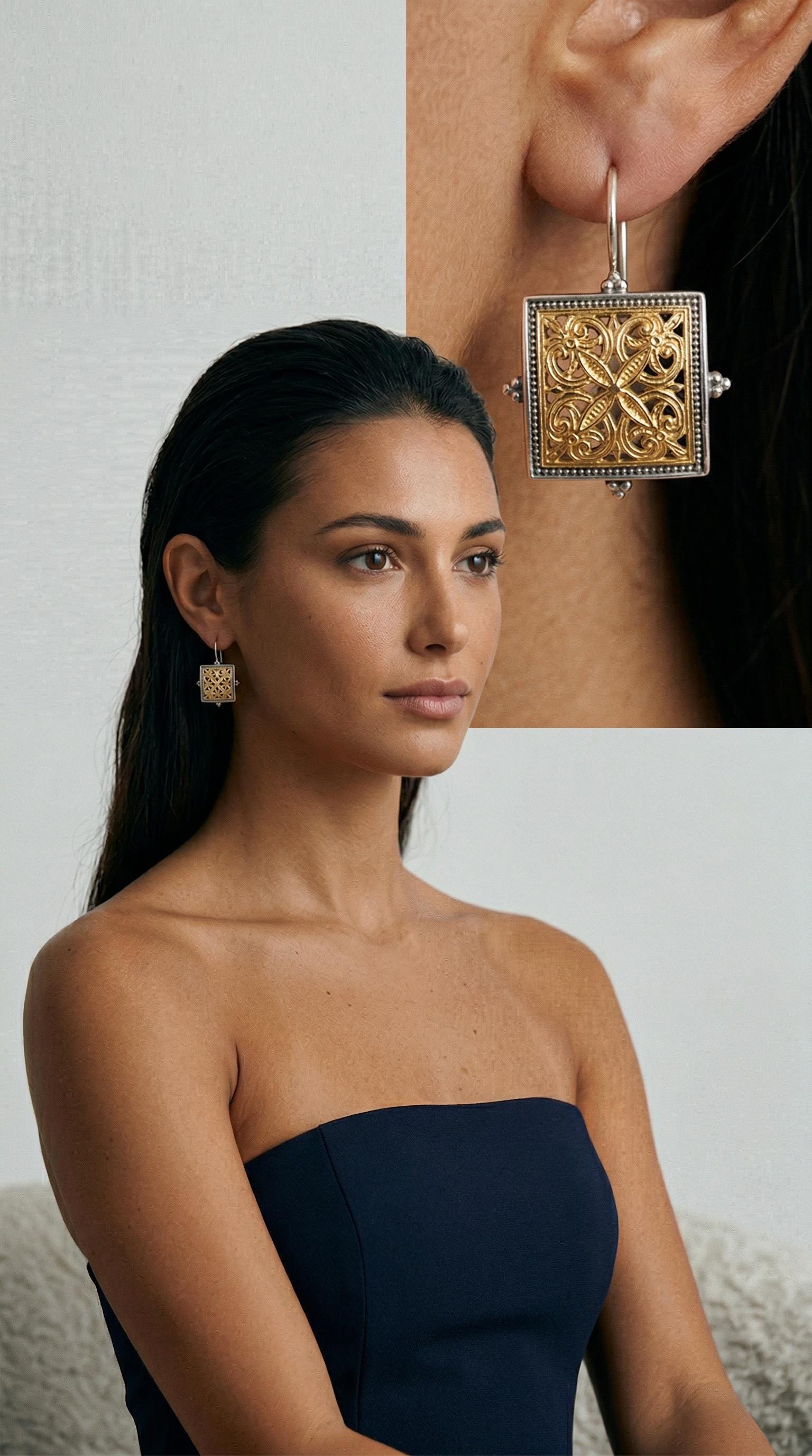 Square Filigree Earrings – Two Tone Earrings | Byzantine Inspired Jewelry