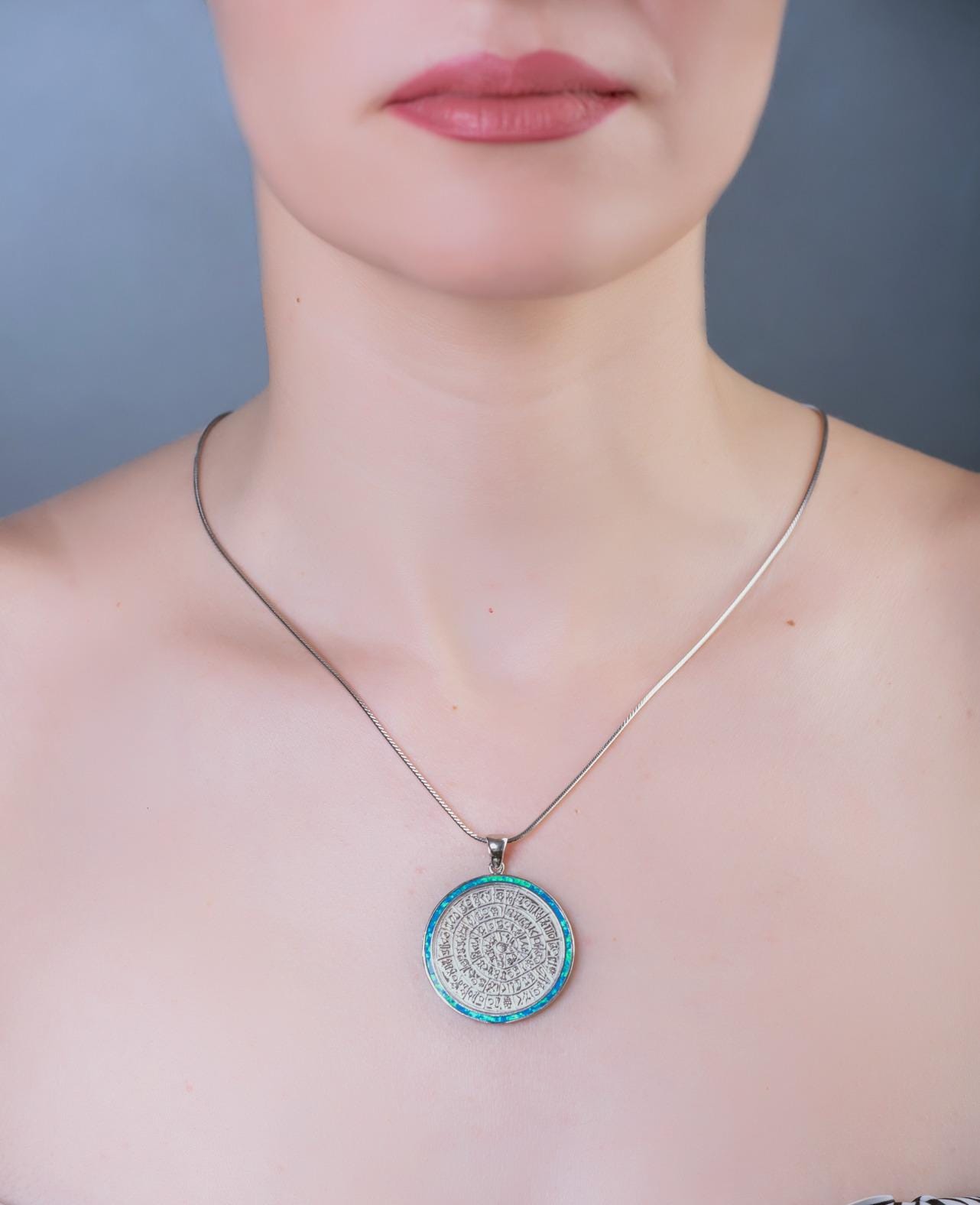 Sterling Silver Phaistos Disc Pendant: Blue Opal Inlay, Ancient Greek Design