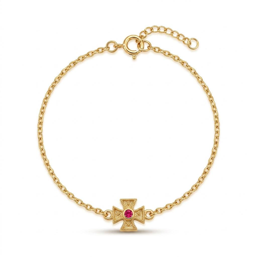 Byzantine Cross Bracelet - Gold Plated Sterling Silver Chain With Red Ruby Gemstone