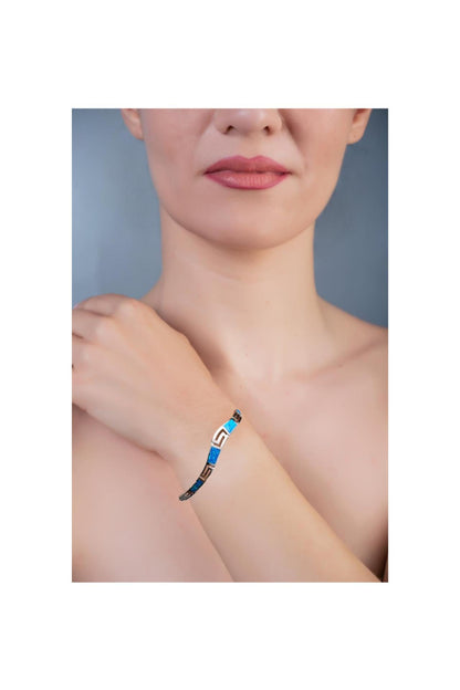 Blue Opal Silver Bracelet, Greek Key Meander Design Bangle