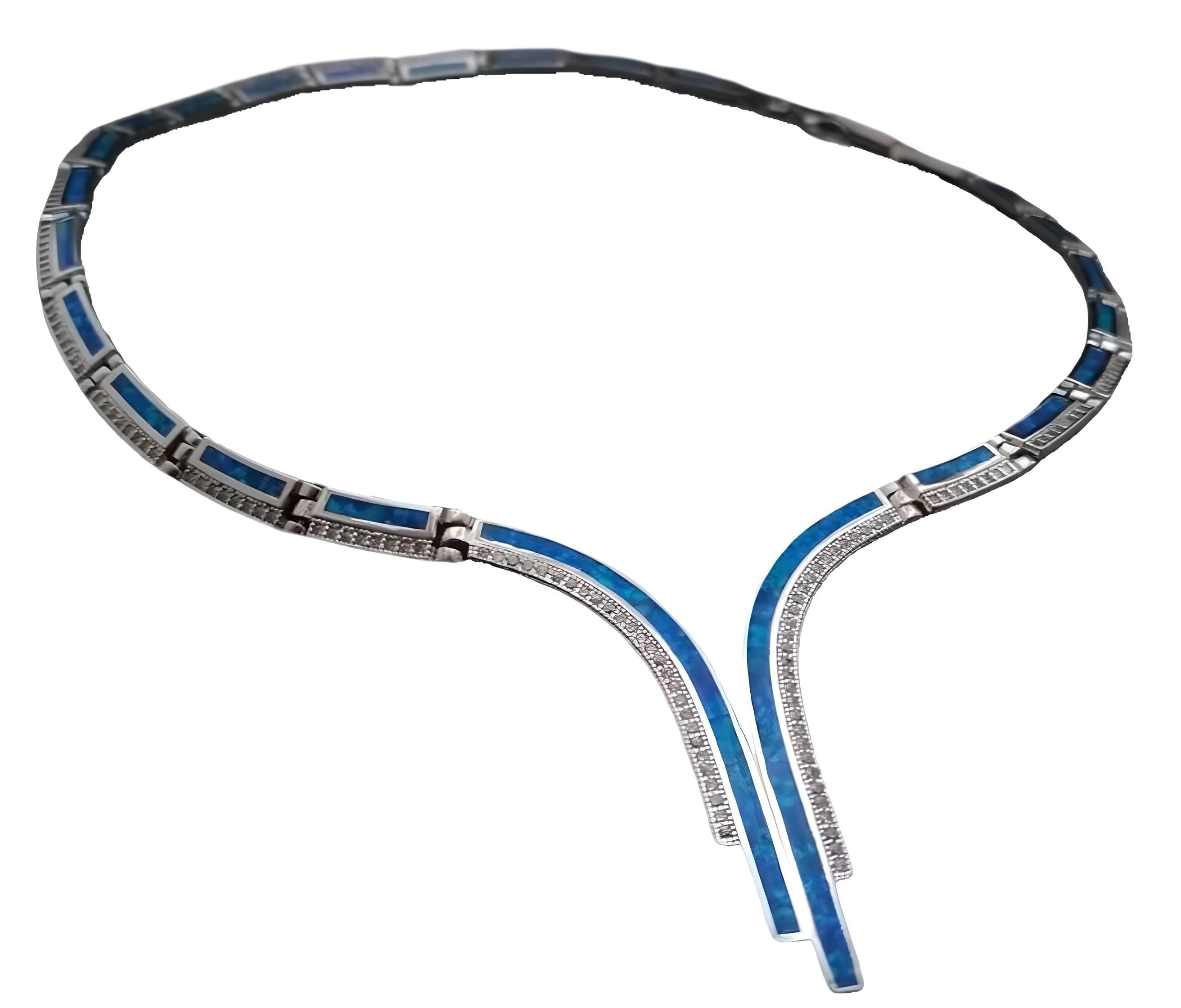 Blue Opal Silver Statement Necklace, Greek Designer Jewelry