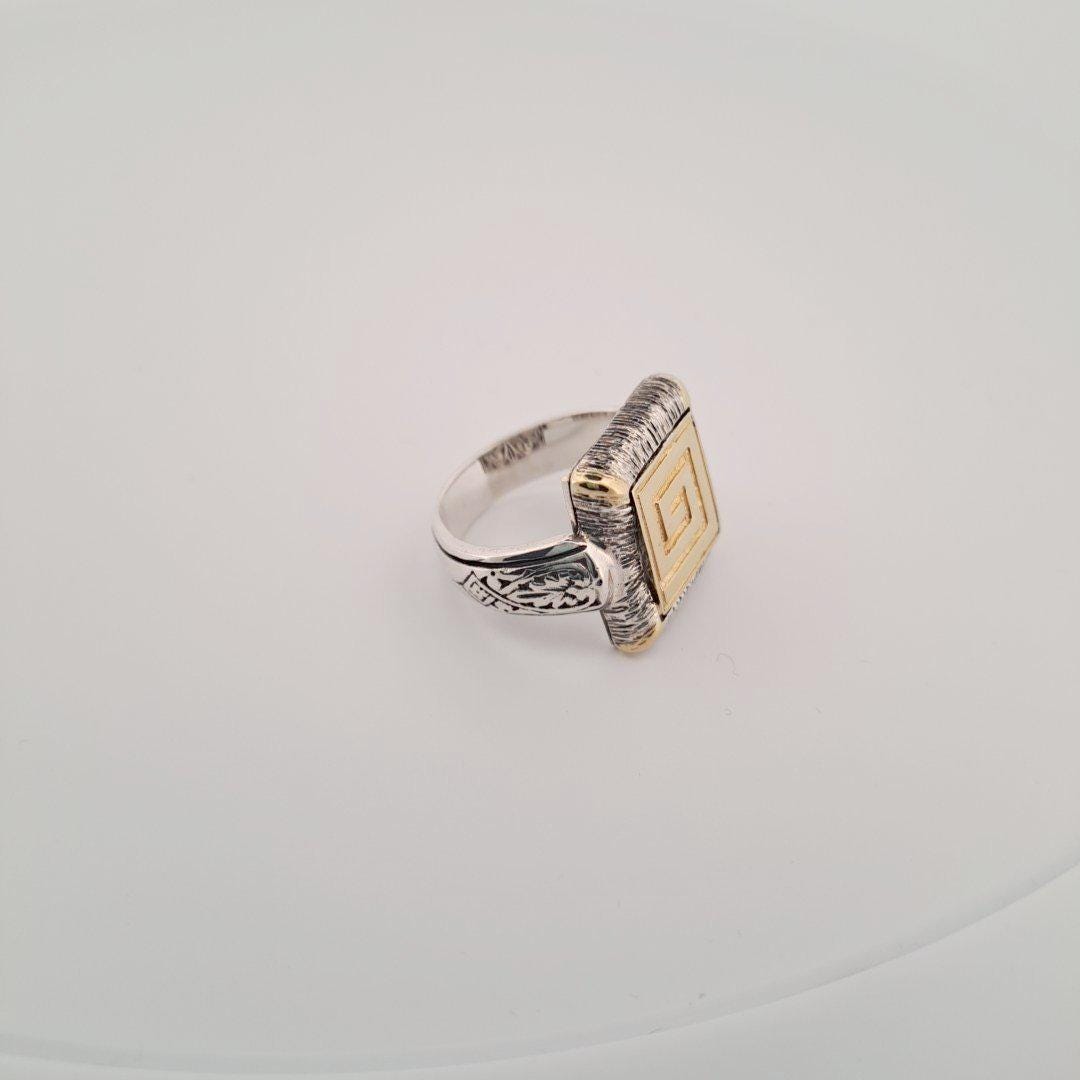 Byzantine Statement Ring – Two Tone Gold Silver Ornate Square Band