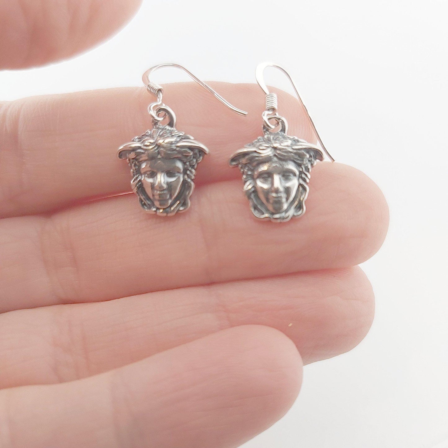 Sterling Silver Medusa Dangle Earrings: Greek Mythology Jewelry