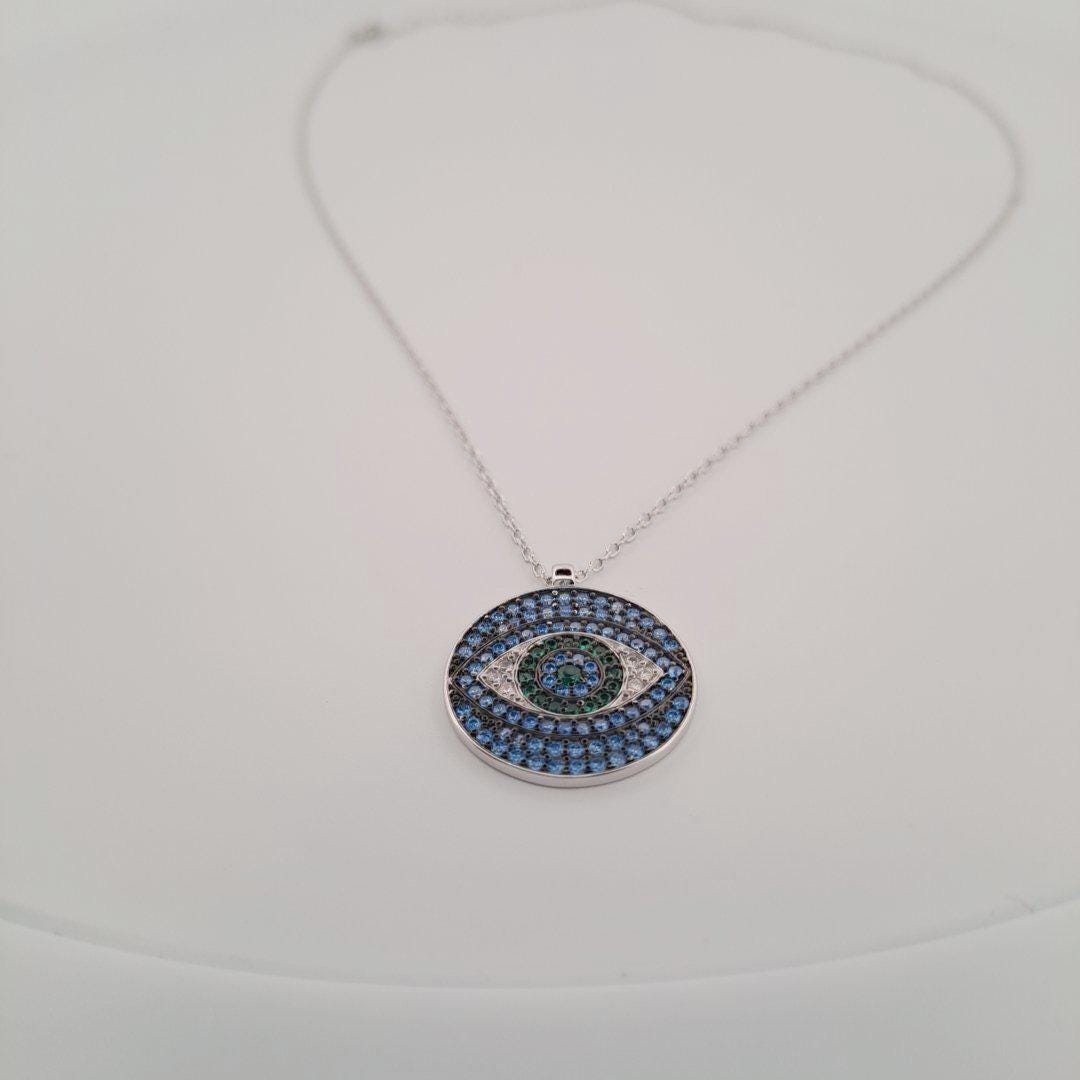 Evil Eye Pendant Necklace - Silver Zirconia Eye Charm with Blue Green Stones