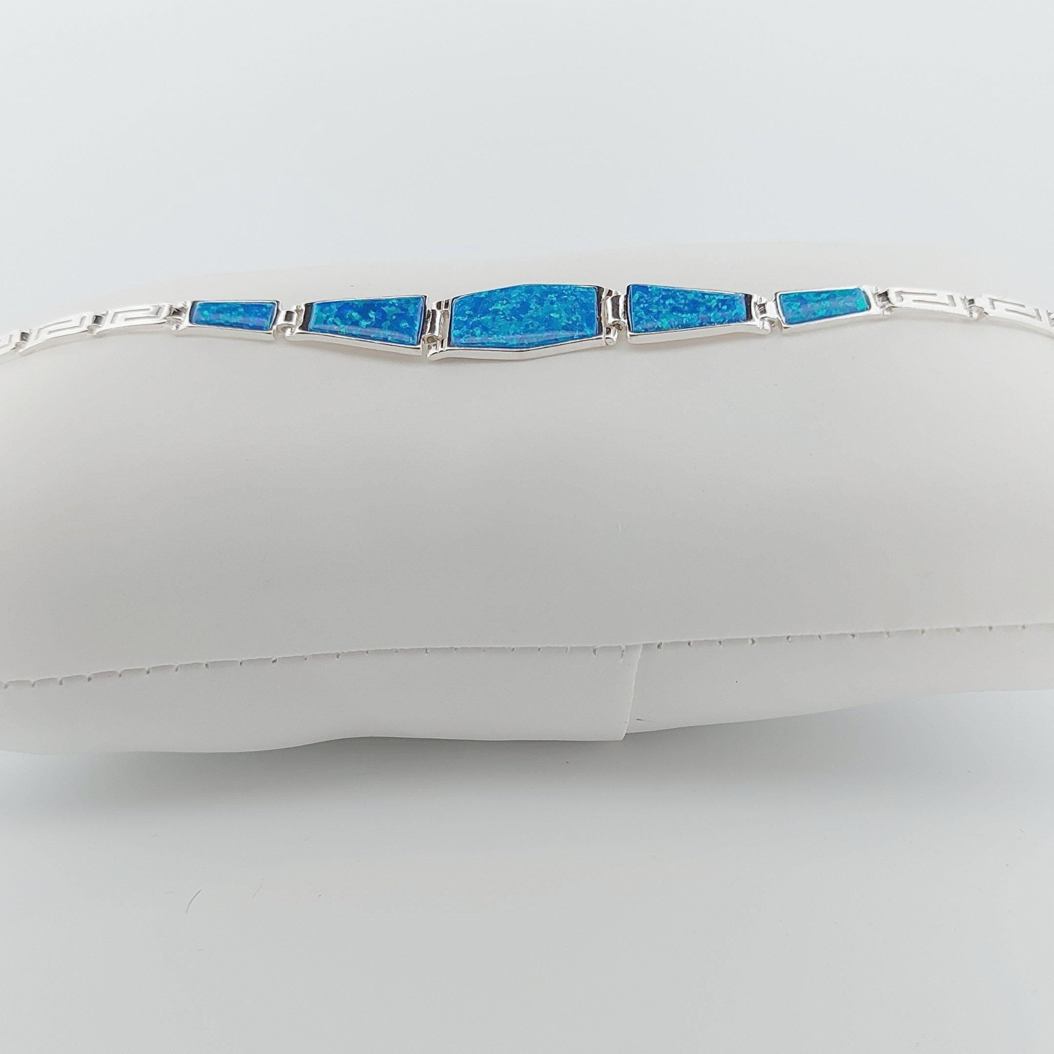 Blue Opal Silver Greek Key Bracelet, Greek-Inspired Design