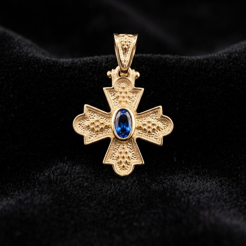 Gold Cross Pendant – Byzantine Cross Charm with Blue Gemstone, Antique Greek Jewelry
