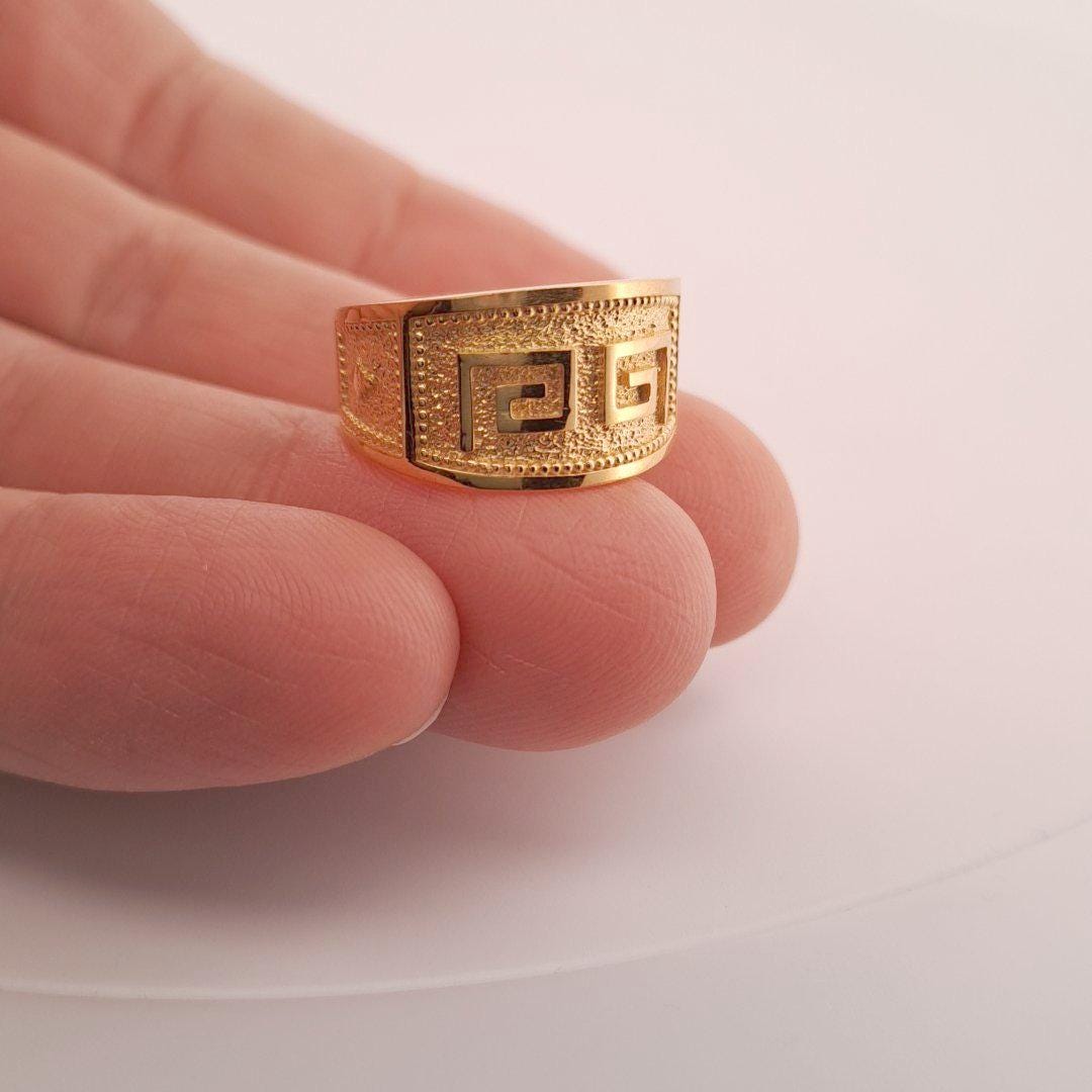 Greek Key Ring – Gold Plated Sterling Silver Wide Band Byzantine Meander Jewelry
