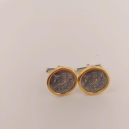 Athenian Owl Coin Cufflinks: Gold & Silver Plated, Ancient Greek Design