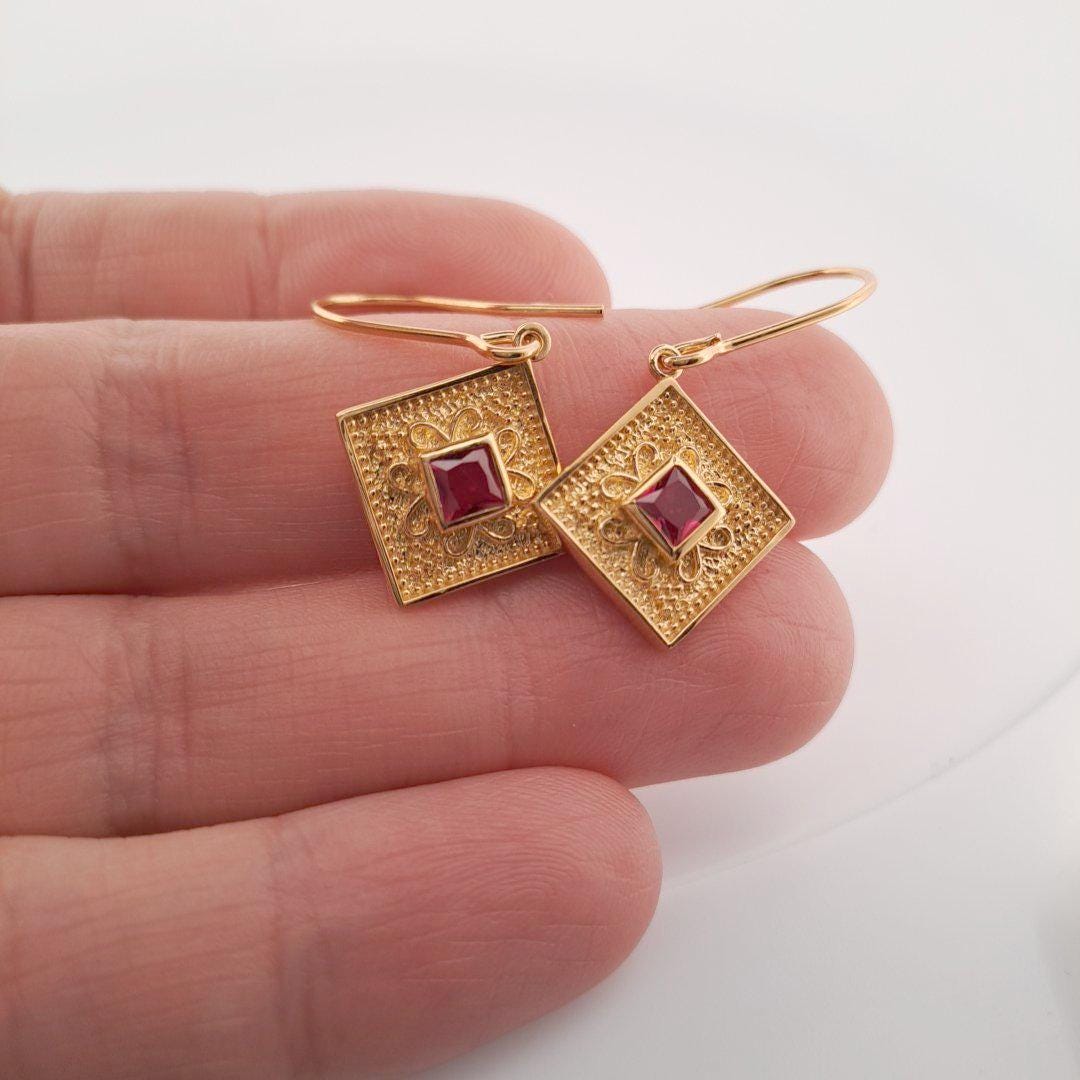 Gold Plated Earrings – Byzantine Style Textured Drop with Square Cut Gemstone