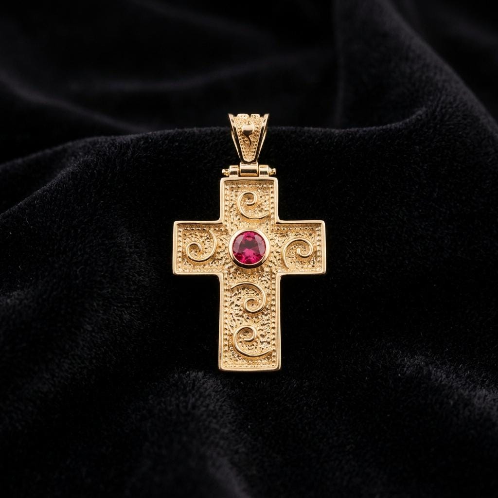 Gold Cross Pendant – Byzantine Cross With Red Gemstone | Ornate Greek Jewelry