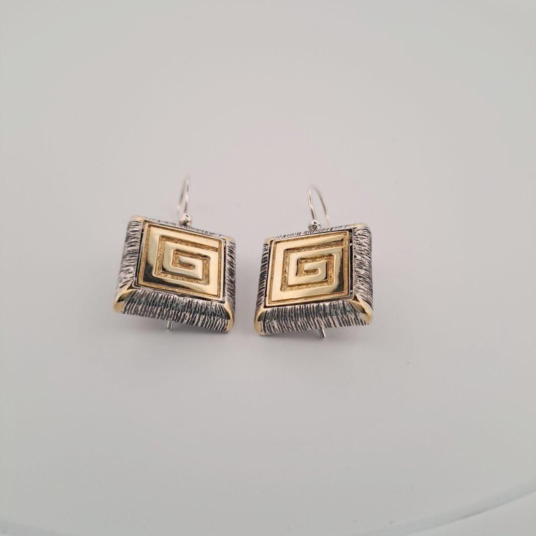 Greek Key Dangle Earrings – Two Tone Byzantine Style Square Drop Jewelry