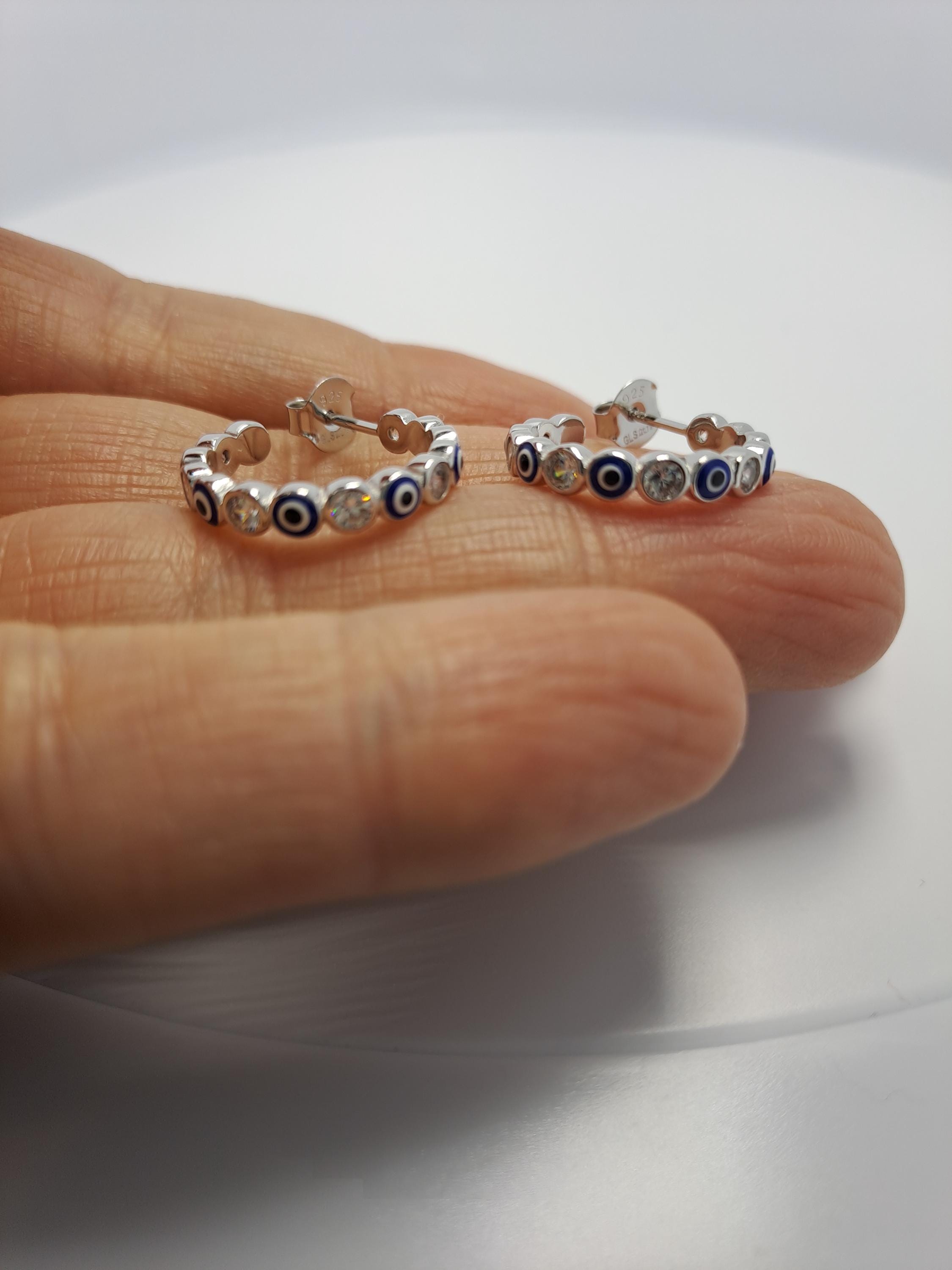 Silver Half Hoop Earrings – Blue Evil Eye & Clear Zirconia Sparkling Hoops