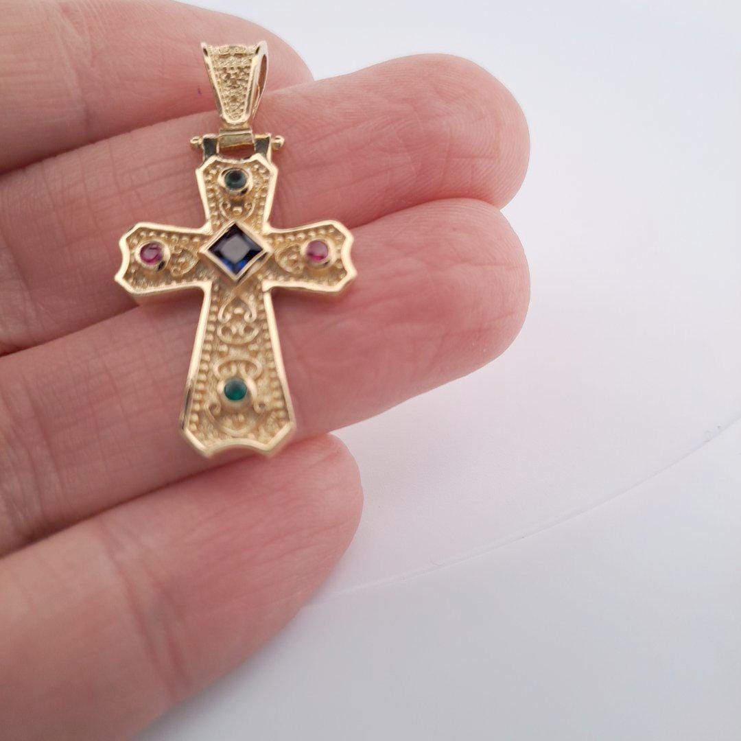 Gold Plated Cross Pendant – Byzantine Cross Jewelry with Blue Gemstone & Antique Style
