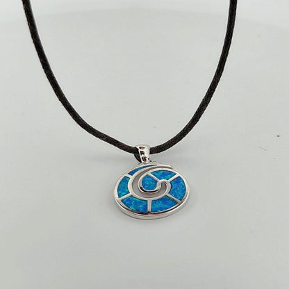 Sterling Silver Greek Key Pendant: Blue Opal Meander Necklace