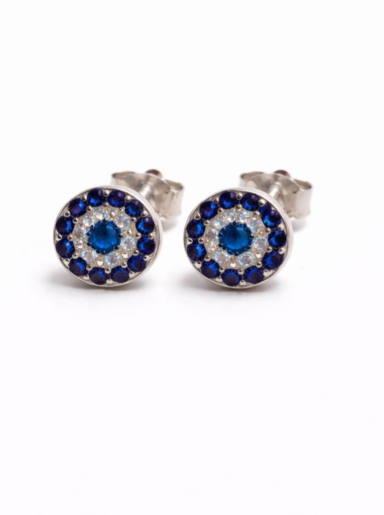 Evil Eye Stud Earrings - Blue Zirconia, Silver Tone, Sapphire Halo Protection Jewelry
