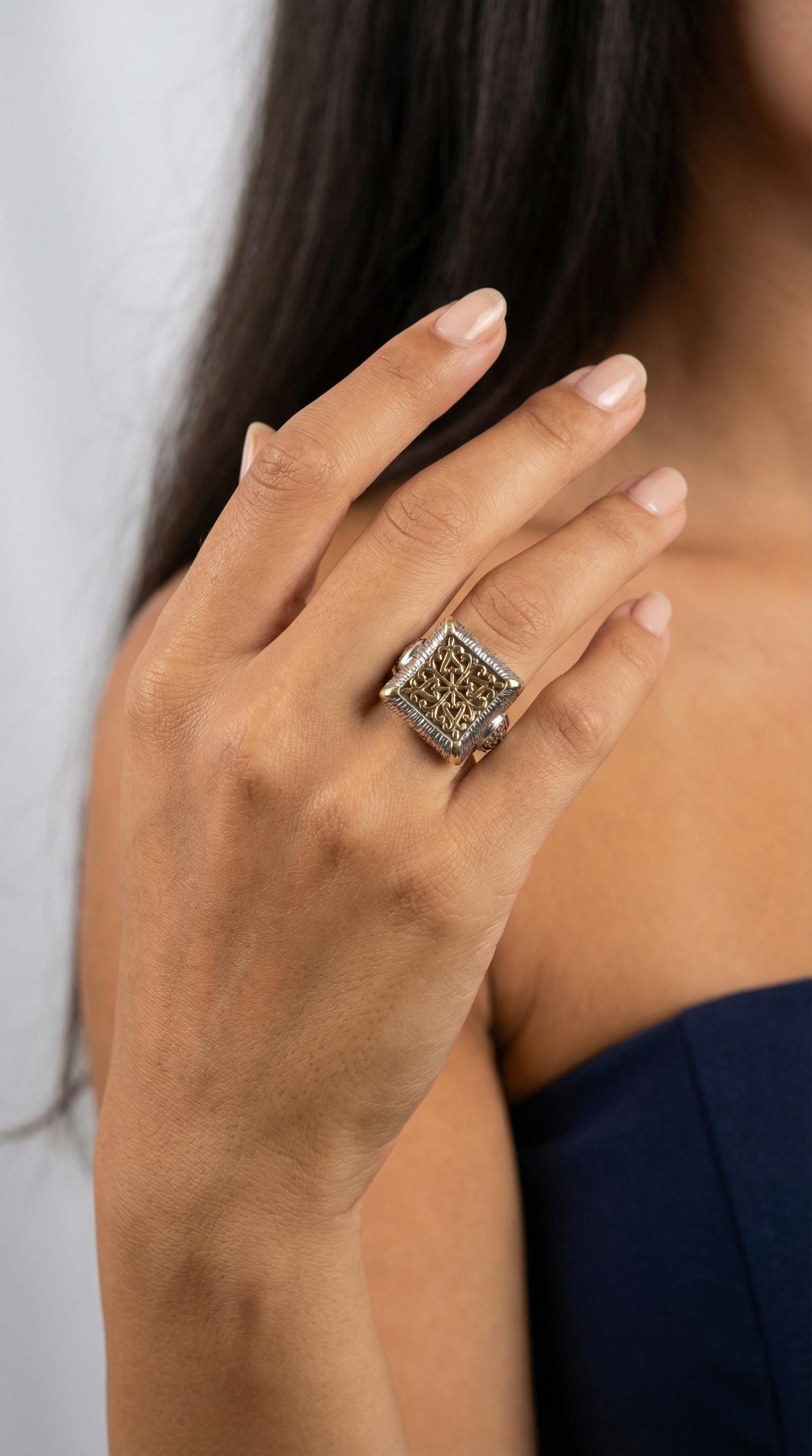 Byzantine Style Ring - Ornate Filigree Design Two Tone Square Face Band