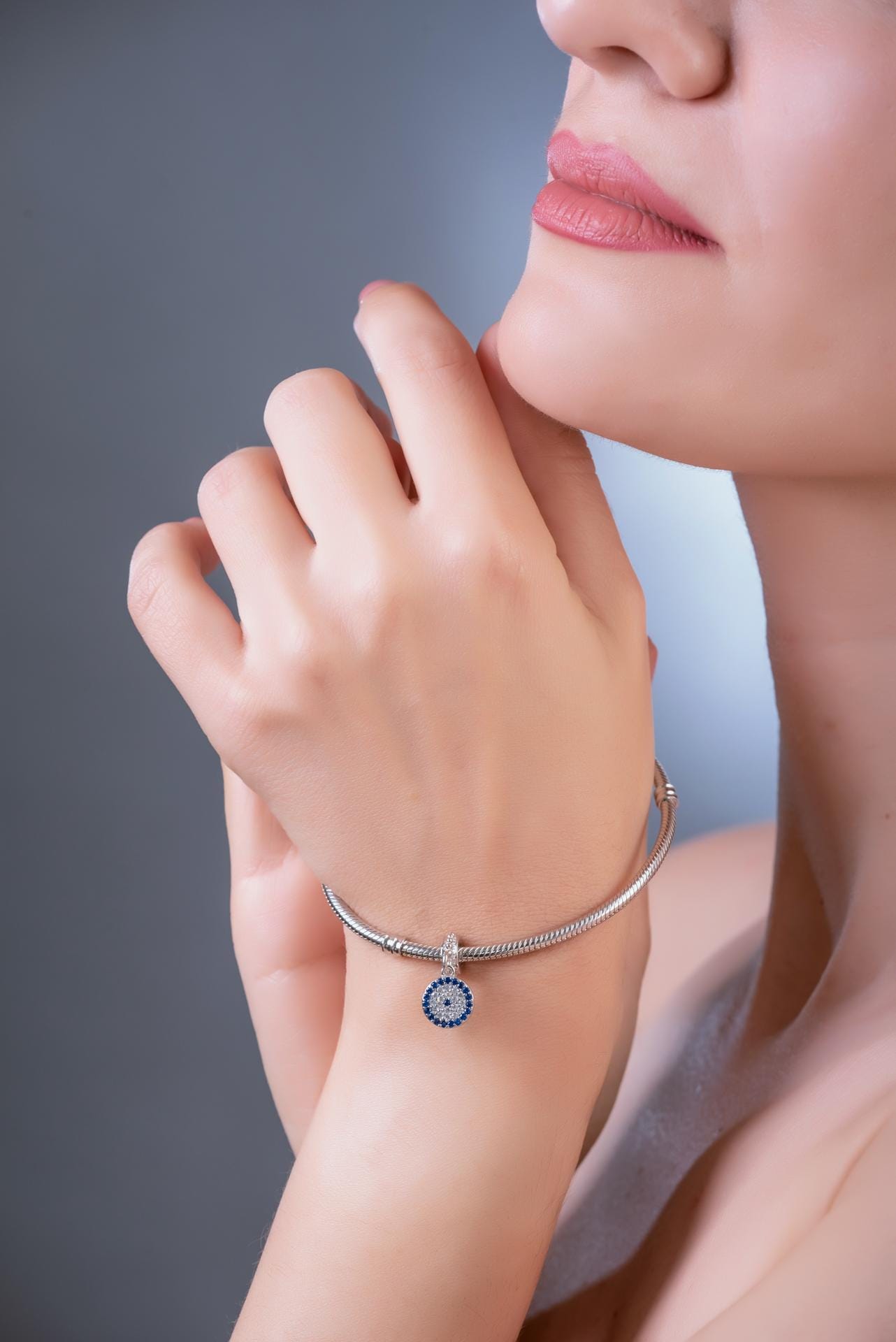 Evil Eye Charm Bead with Blue Stones and Crystals, Greek Design Bracelet, Sterling Silver