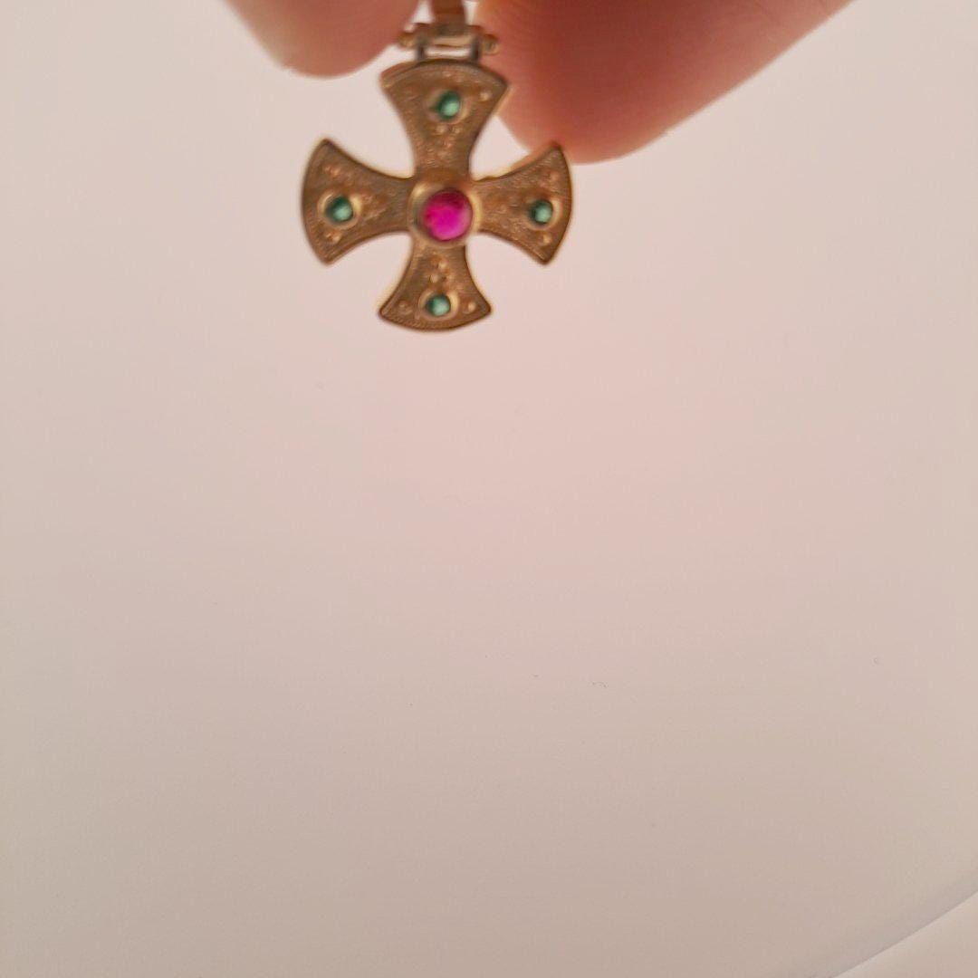 Gold Plated Cross Pendant – Byzantine Red Green Gemstone Antique Greek Charm