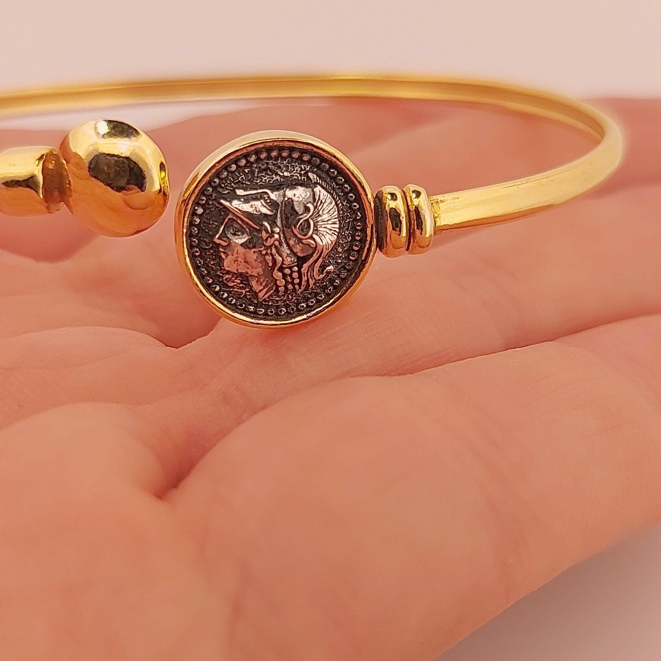 Gold Plated Athena Bangle Bracelet: Ancient Greek Coin Medallion