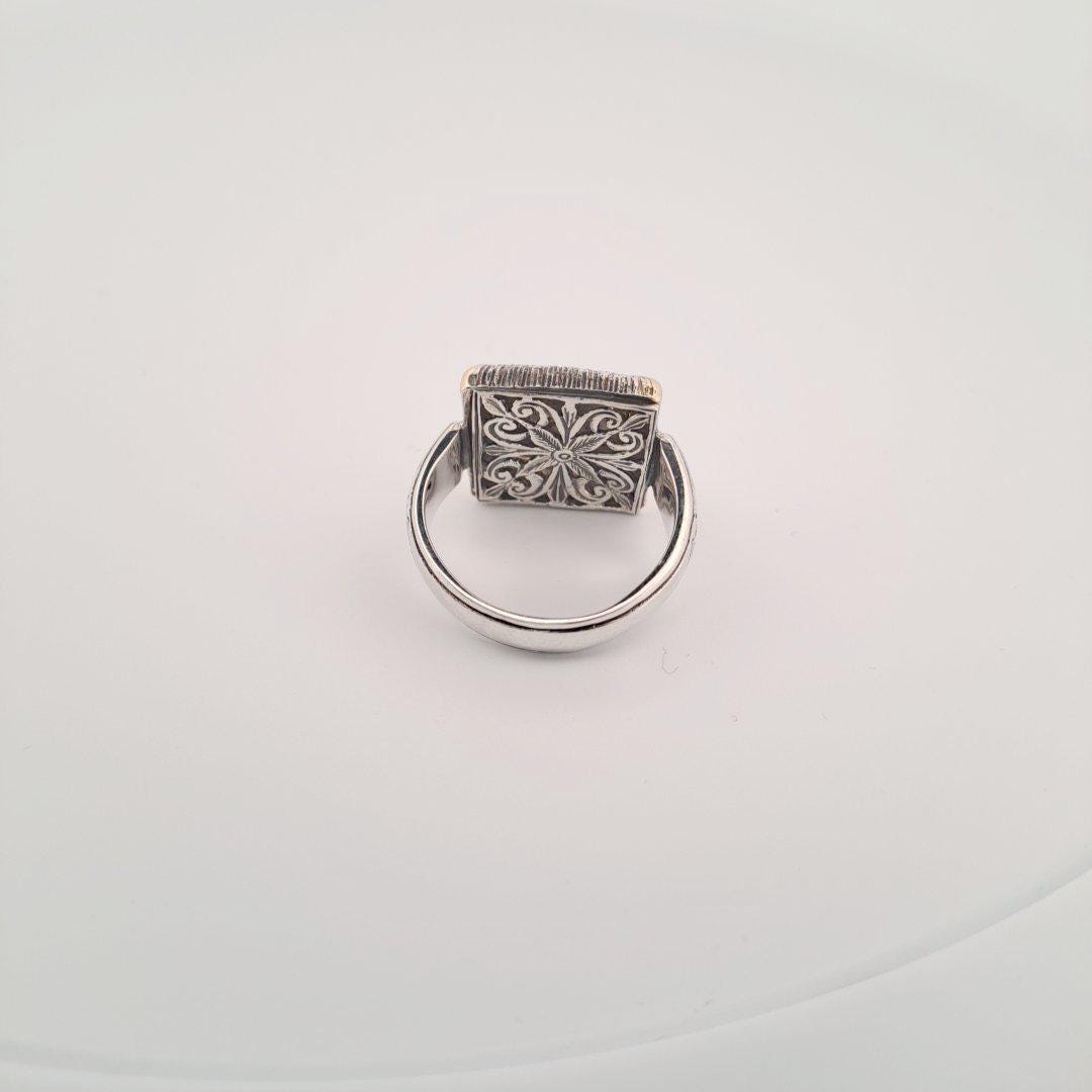 Byzantine Statement Ring – Two Tone Gold Silver Ornate Square Band