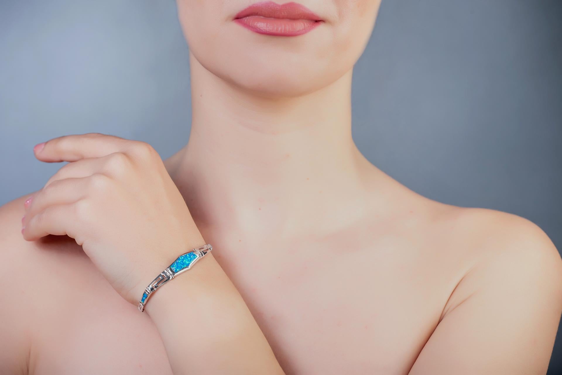 Sterling Silver Blue Opal Link Bracelet with Greek key Meander, Greek-Inspired Design