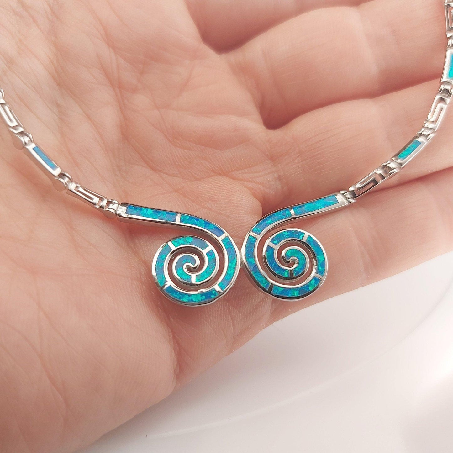 Blue Opal Double Spiral Necklace, Greek Key Meander Design
