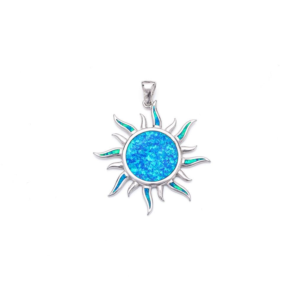 Blue Opal Sun Pendant: Sterling Silver Celestial Necklace