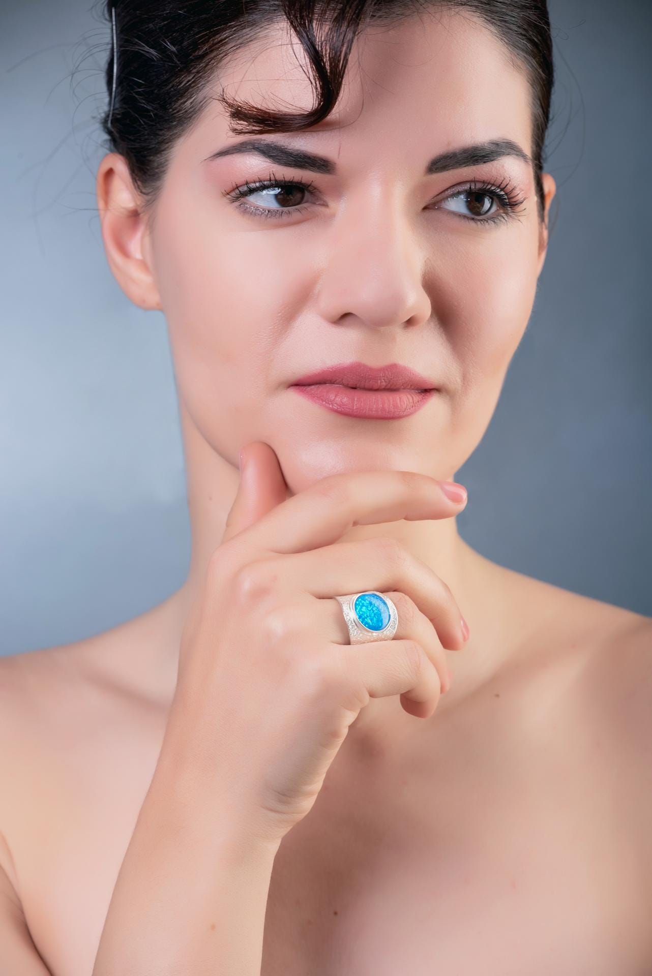 Handcrafted Silver Statement Ring with Blue Opal Stone, Greek-Inspired Textured Design