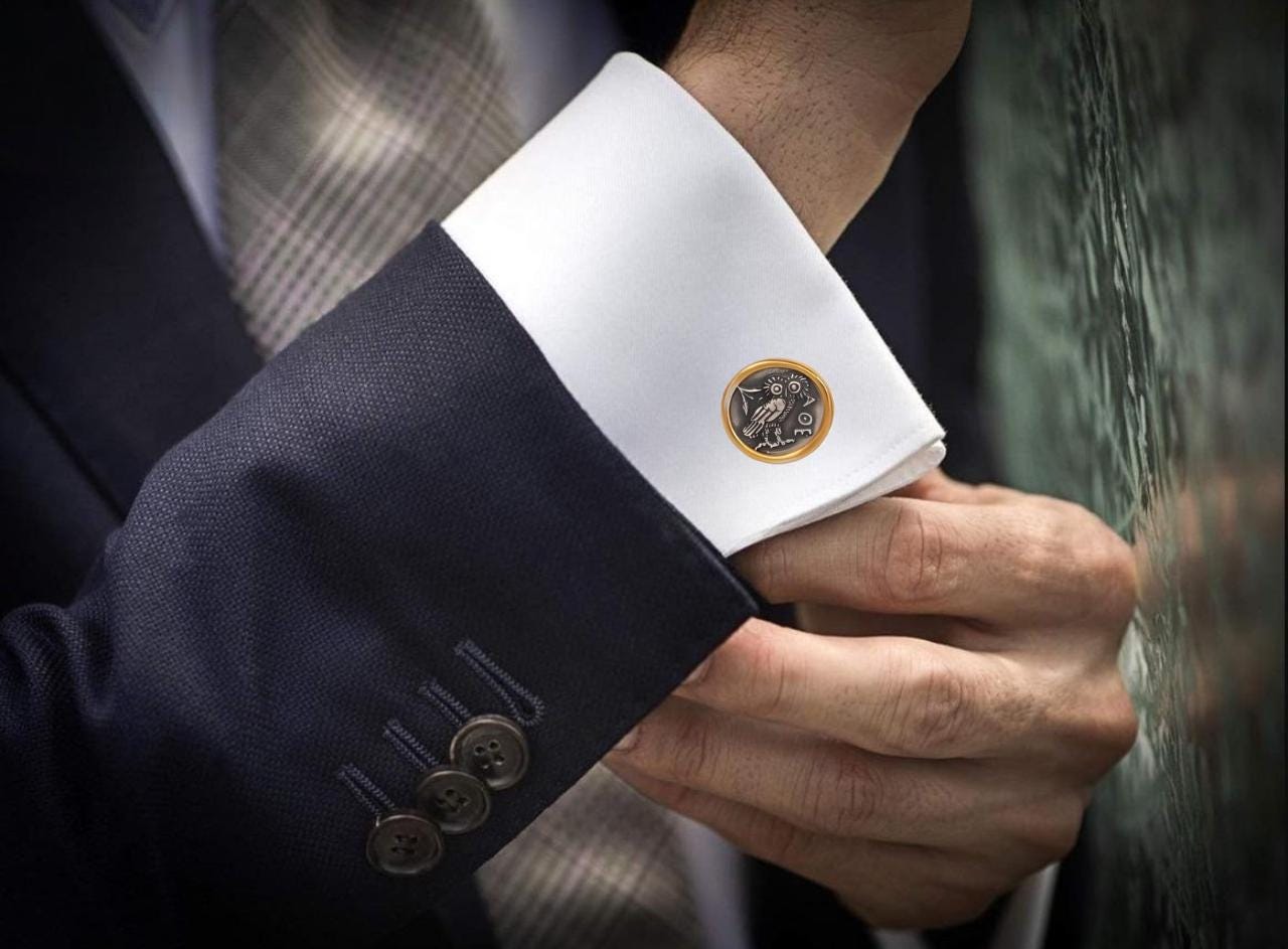 Athenian Owl Coin Cufflinks: Gold & Silver Plated, Ancient Greek Design