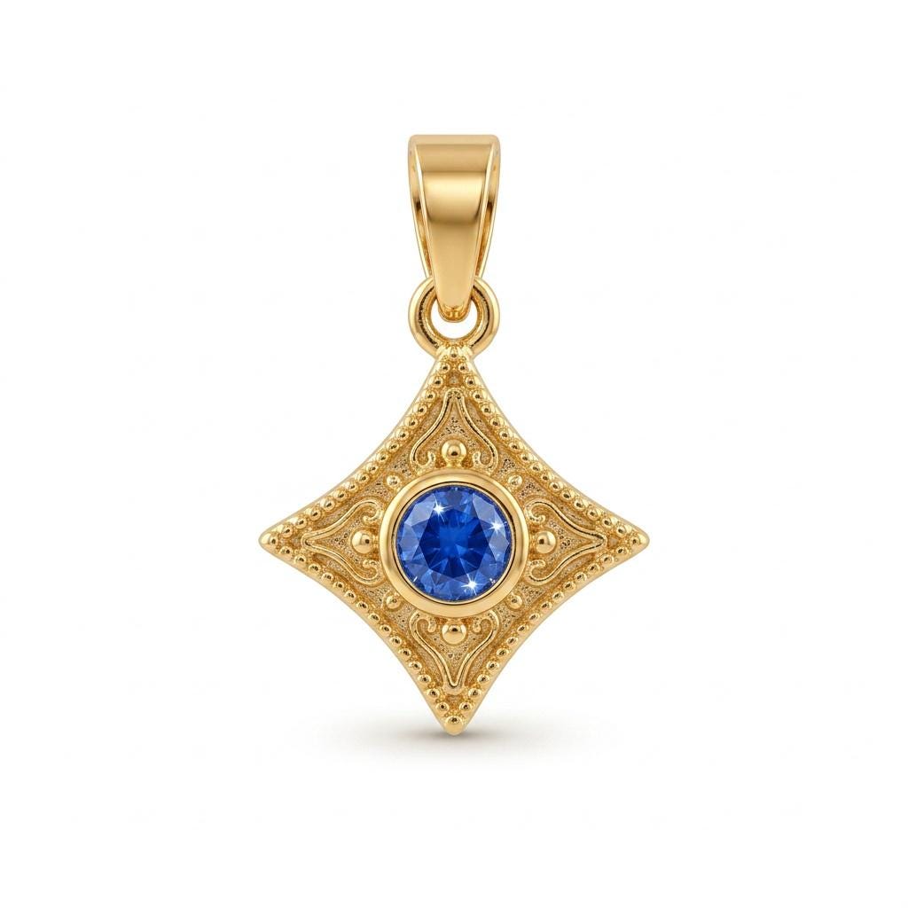 Byzantine Pendant – Gold Plated Charm with Blue Gemstone, Antique Greek Style Necklace
