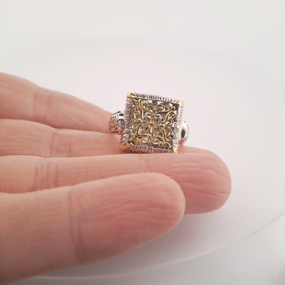 Byzantine Style Ring - Ornate Filigree Design Two Tone Square Face Band