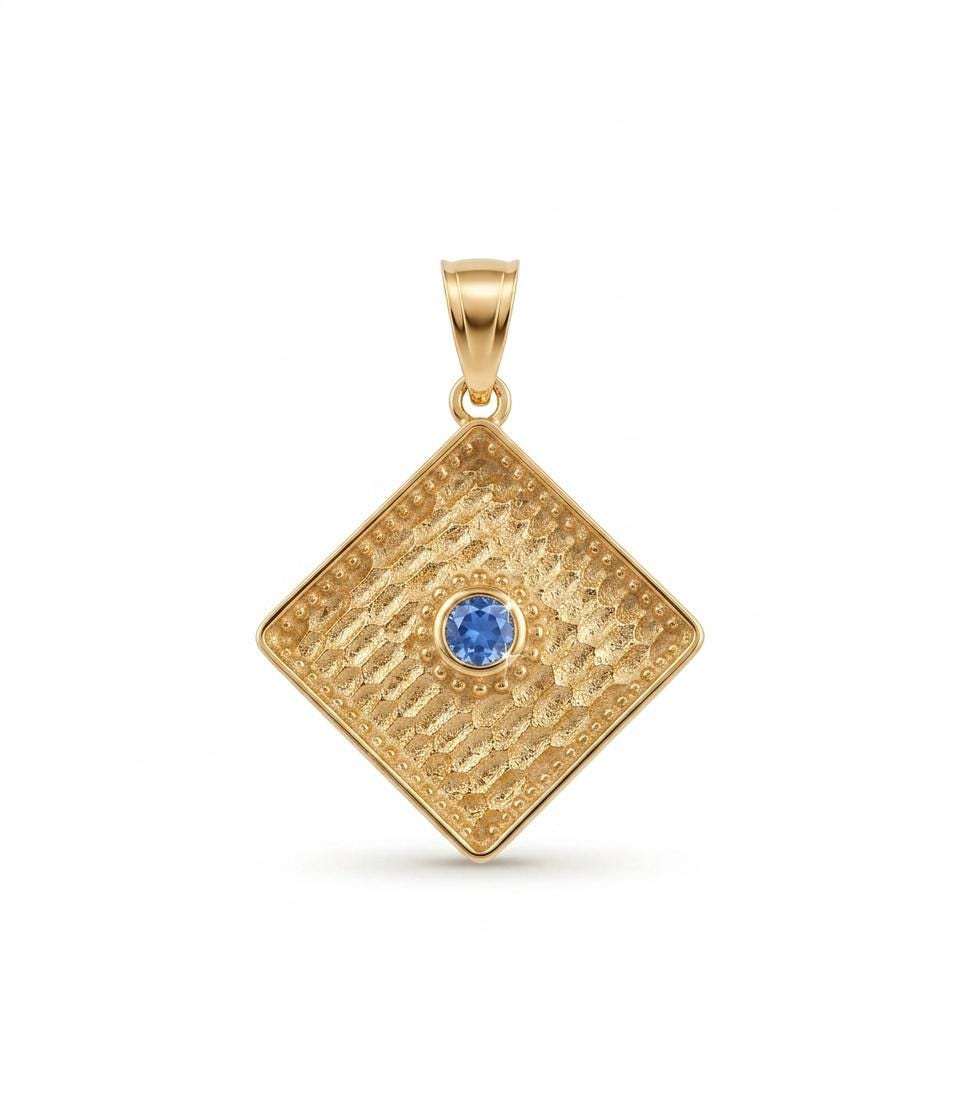 Gold Plated Pendant – Byzantine Textured Rhombus Charm With Synthetic Gemstone