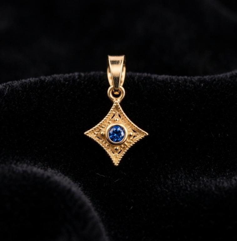 Byzantine Pendant – Gold Plated Charm with Blue Gemstone, Antique Greek Style Necklace