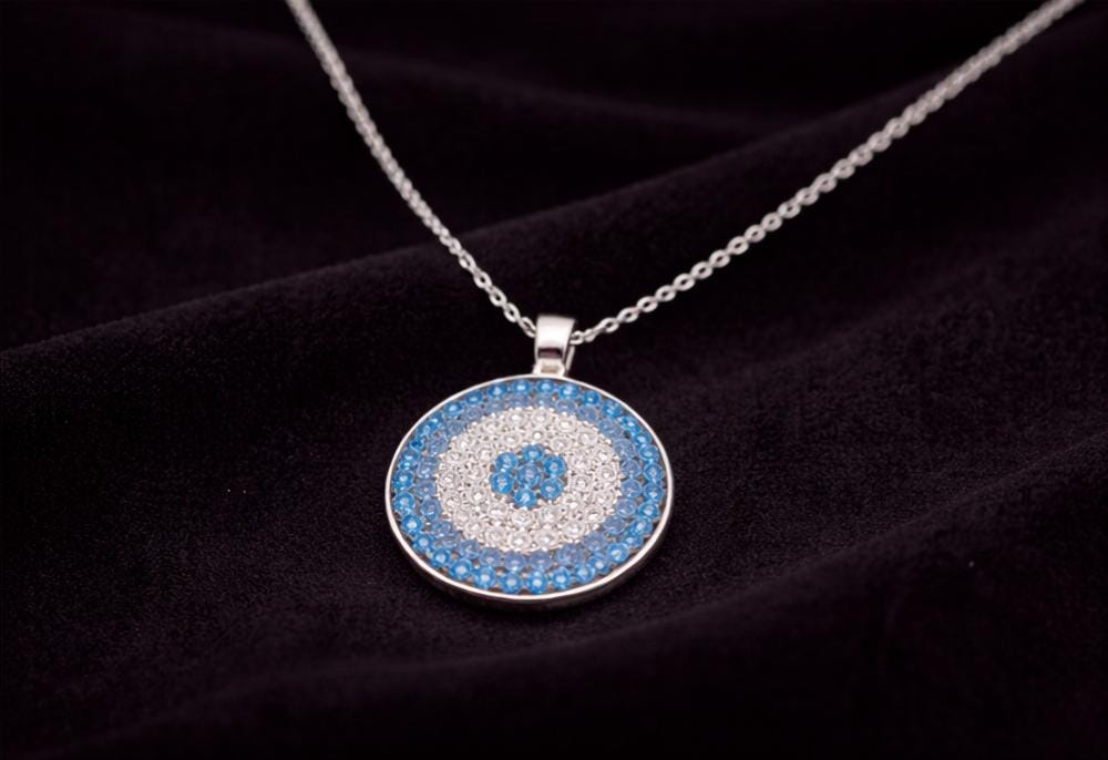 Evil Eye Pendant Necklace – Silver Round Pendant with Blue Zirconia Charm