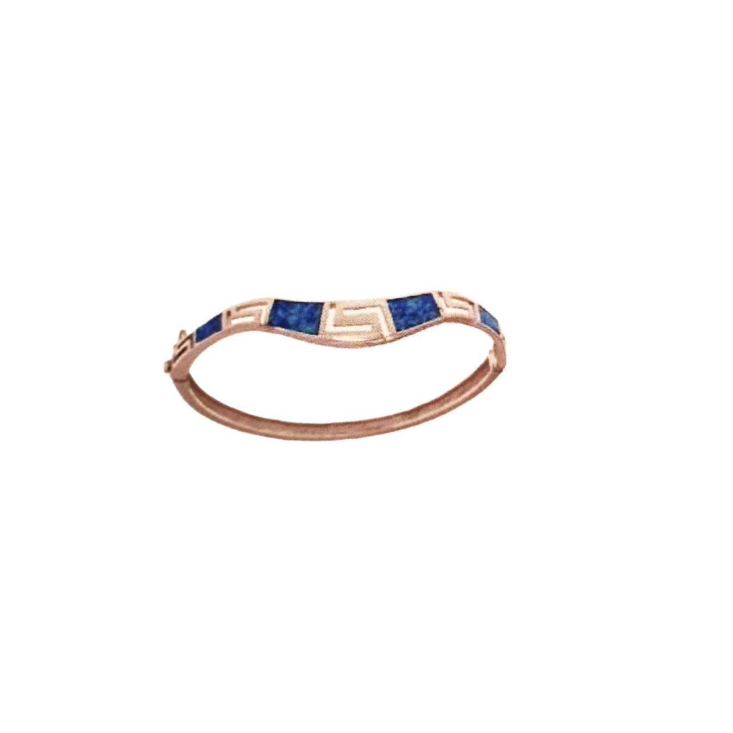 Blue Opal Silver Bracelet, Greek Key Meander Design Bangle