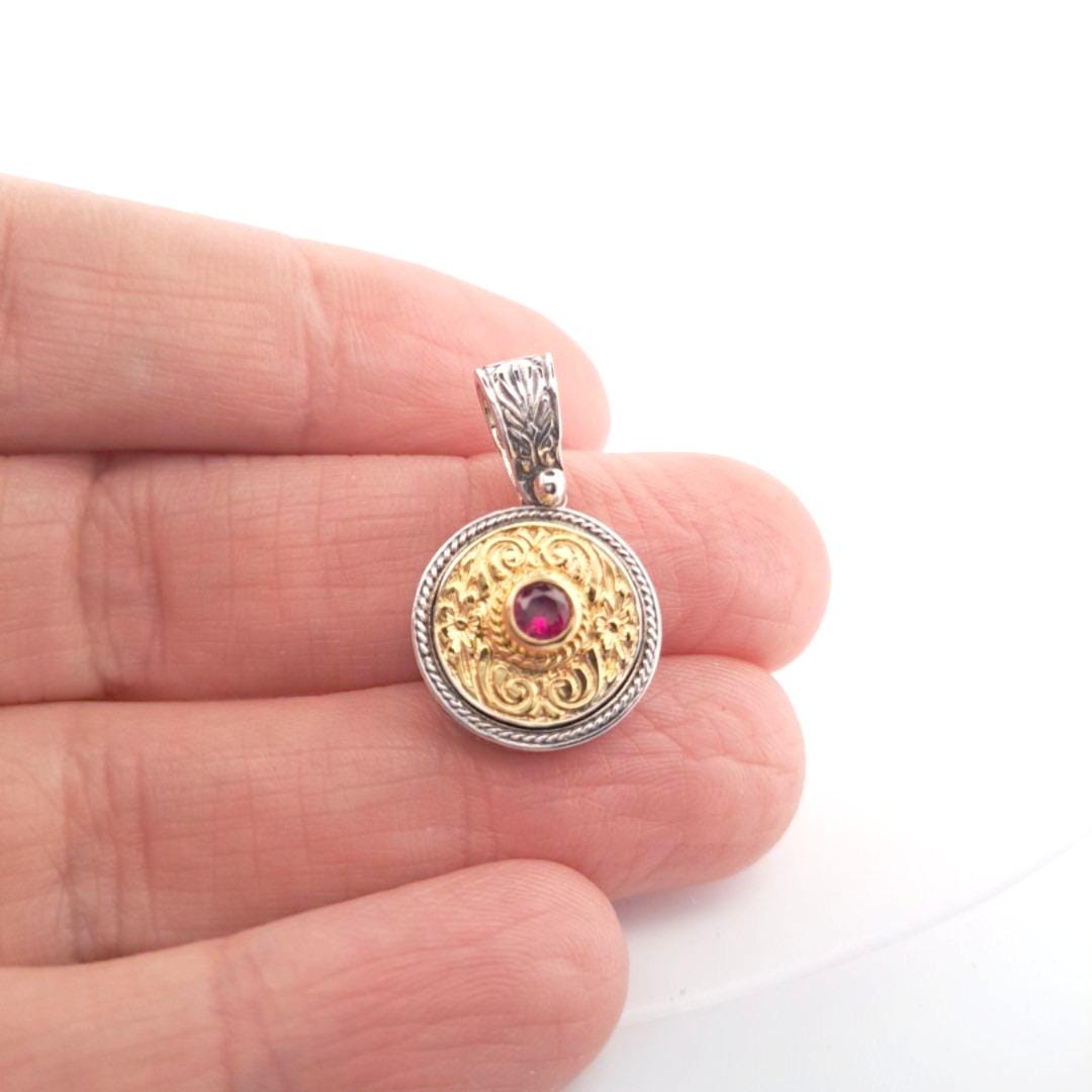 Two Tone Pendant - Byzantine Filigree Jewelry With Ruby Gold Center