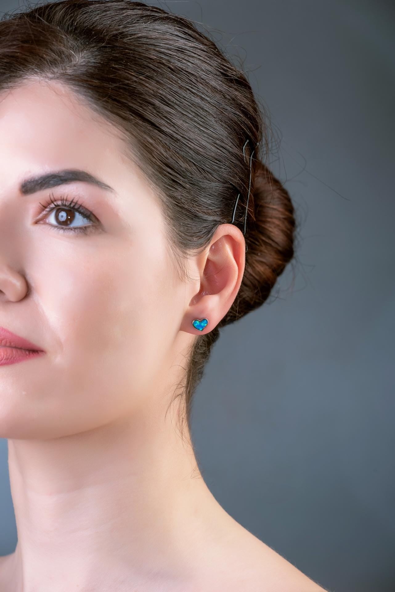 Blue Opal Heart Stud Earrings: Sterling Silver Greek Jewelry