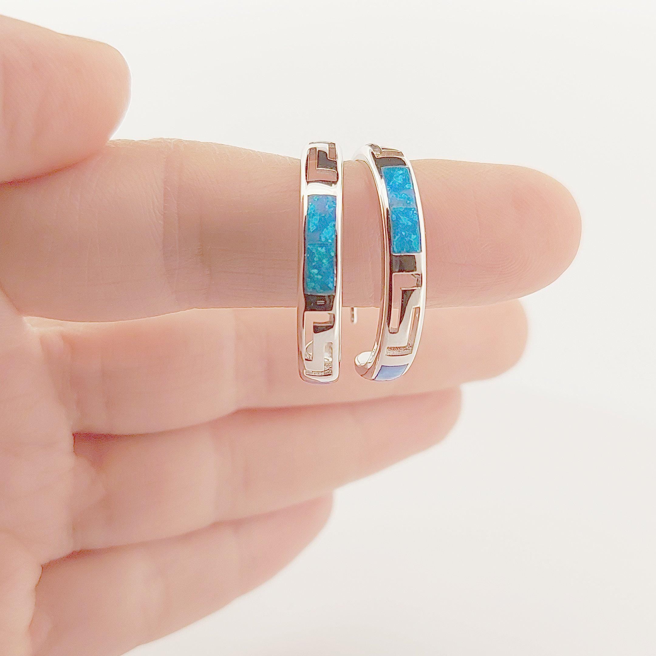 Sterling Silver Opal Hoop Earrings, Greek Key Meander Design
