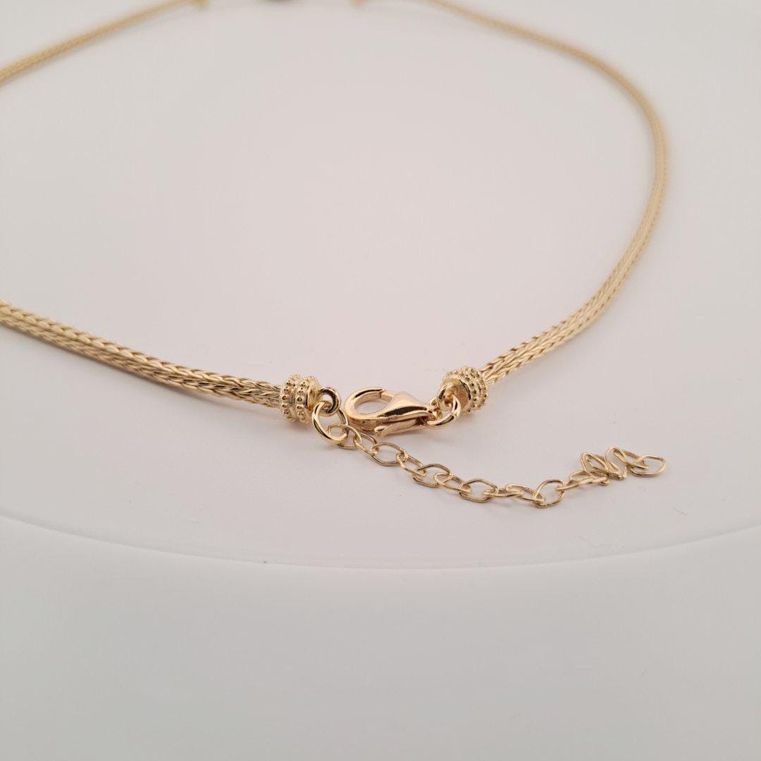 Gold Plated Byzantine Necklace – Blue Oval Gemstone Woven Chain, Antique Inspired Jewelry