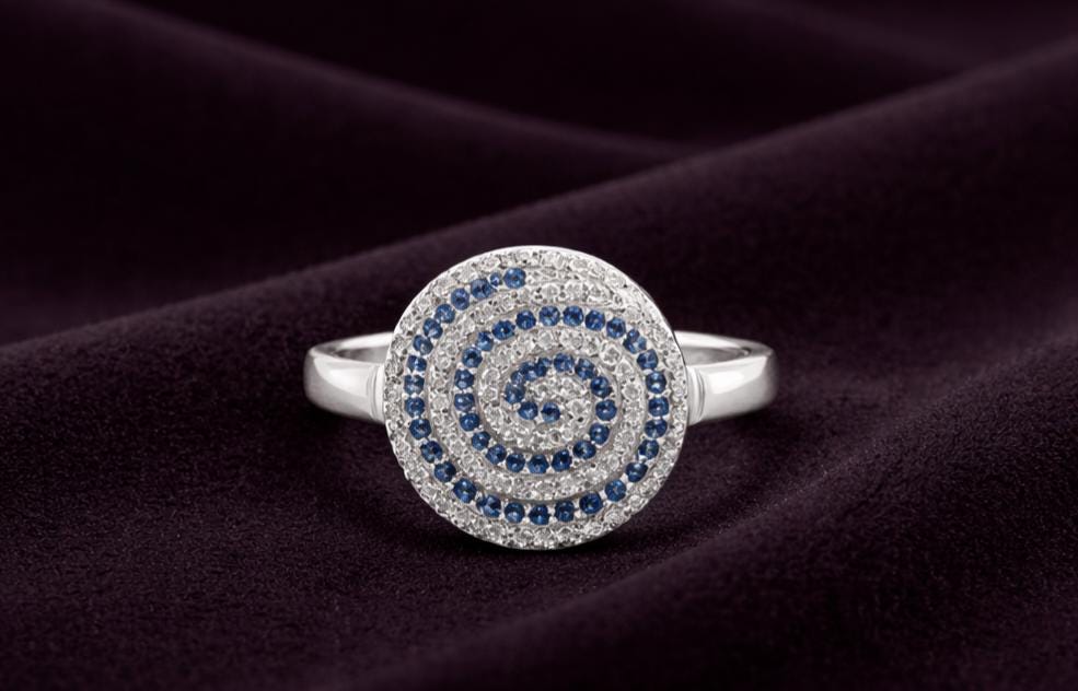 Sterling Silver Ring – Greek Key Evil Eye Protection Statement With Blue Zircon