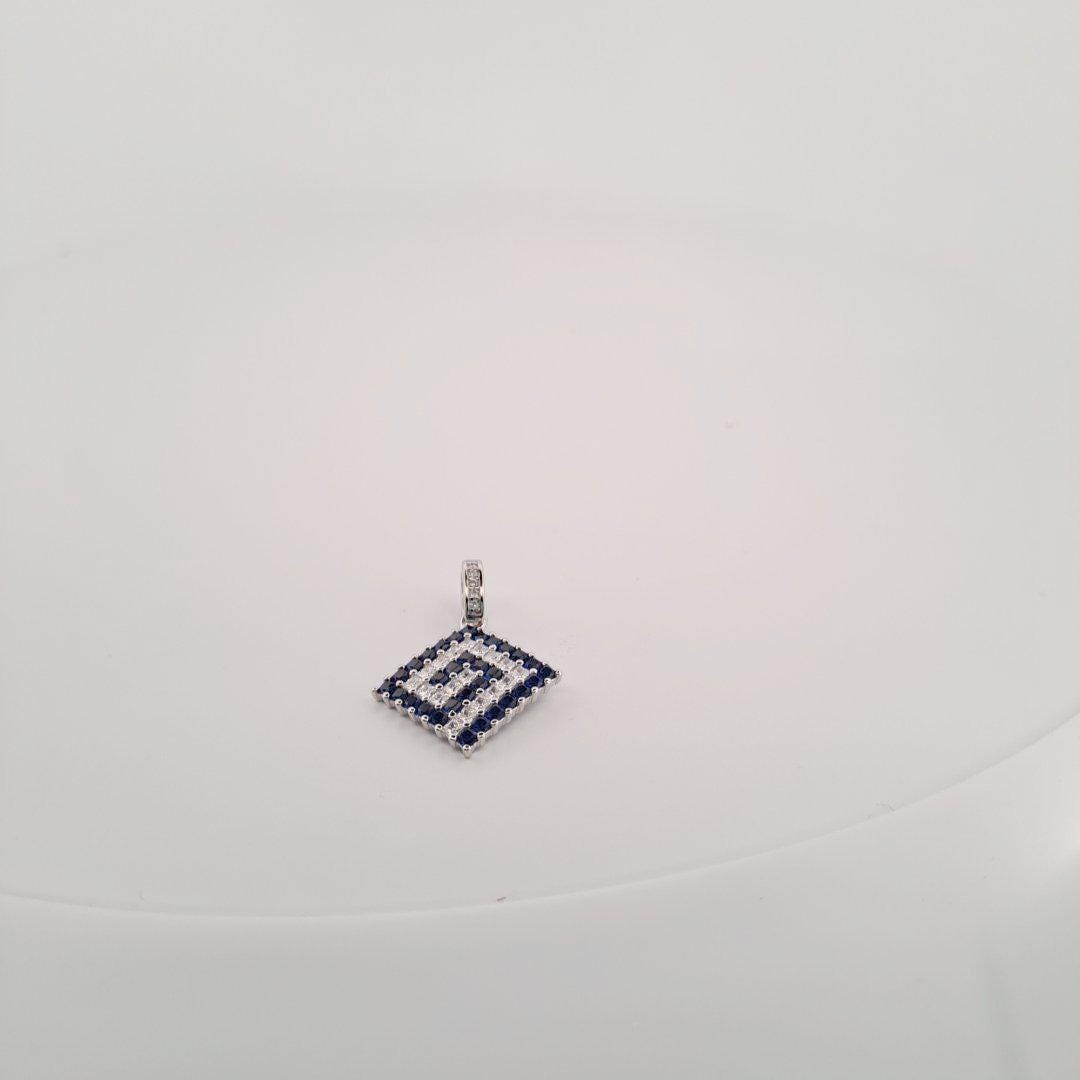 Greek Key Pendant - Silver Meander Design Charm With Blue Zirconia Stones