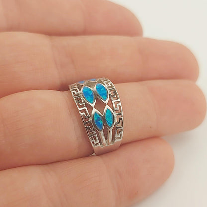 Blue Opal Ring Marquise Pattern, Sterling Silver Greek Key Meander Design