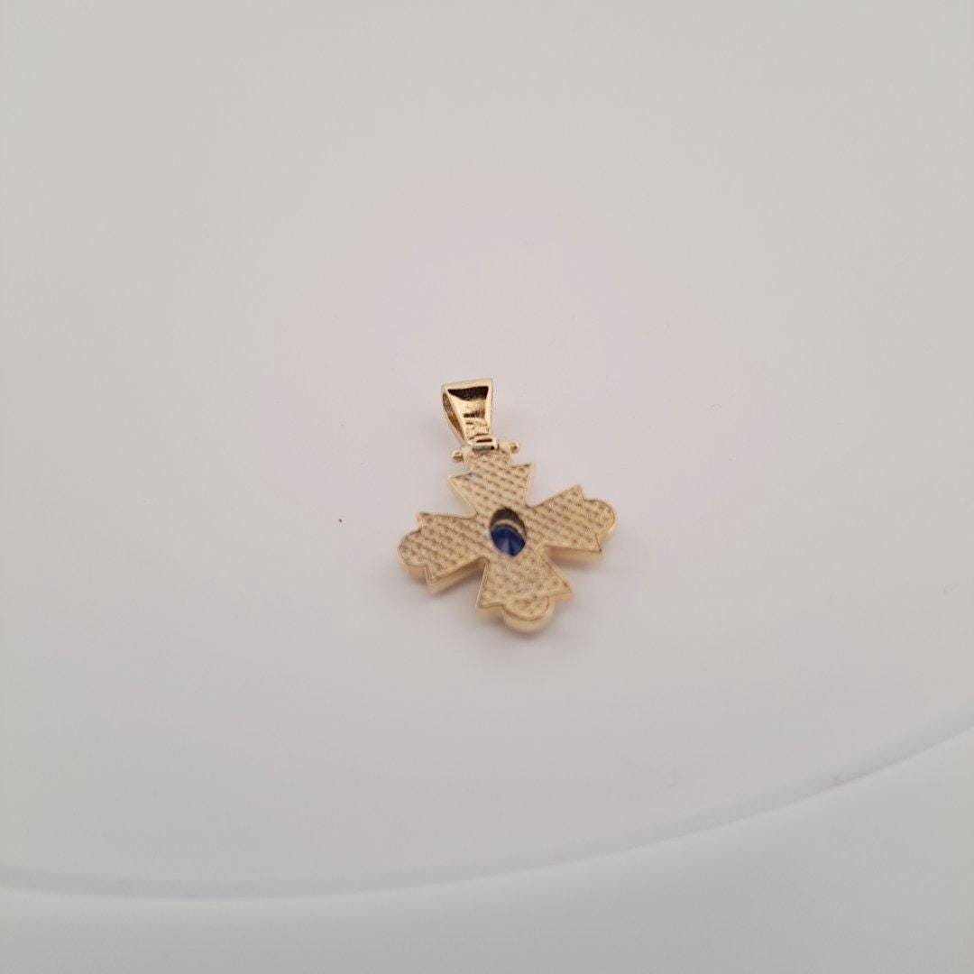 Gold Cross Pendant – Byzantine Cross Charm with Blue Gemstone, Antique Greek Jewelry