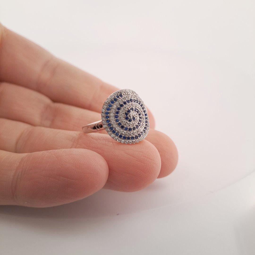 Sterling Silver Ring – Greek Key Evil Eye Protection Statement With Blue Zircon